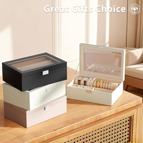 Jolensoy Jewelry Organizer Box with Clear Glass Lid, Bracelet Holder Jewelry Storage Case for Earrings, Rings, Bangles, Wa...