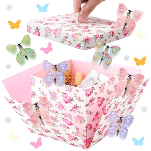 Mother's Day Butterfly Explosion Gift Box, Reusable Pink Floral DIY Unique Gift Box with Surprise Flying Butterfly and Flo...