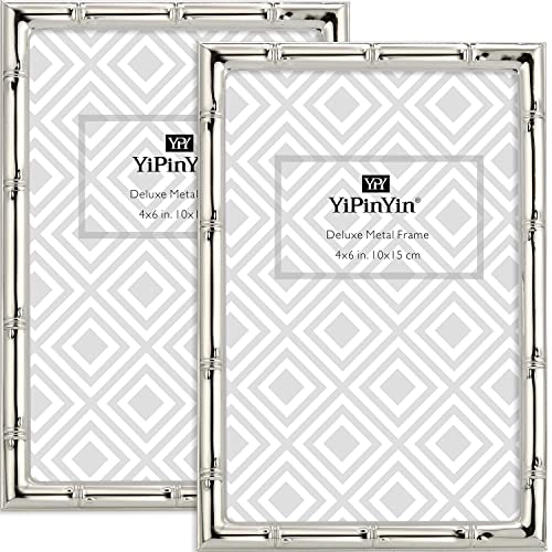 YiPinYin 4x6'' Bamboo Detail Designs Silver Metal Picture Frame 2pack, Elegant Silver Plated Baby Nurse Photo Frames 4x6''...