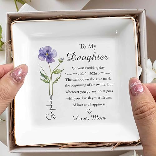 huglift To My Daughter on Your Wedding Day Personalized Ceramic Jewelry Tray, Daughter Floral Jewelry Dish from Mom, Custo...