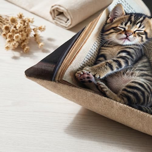 avpdupu Cat Pillow Cover 18x18 Inch Square Linen - Cute Animal Pillow Cover with Adorable Cat Design, Soft Decorative Thro...