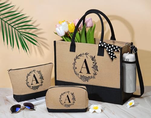 Personalized Gifts for Women Tote Bag, Initial Jute Tote Bag & Makeup Bags Monogrammed Beach Bag w/ Zipper, Mothers Day Bi...