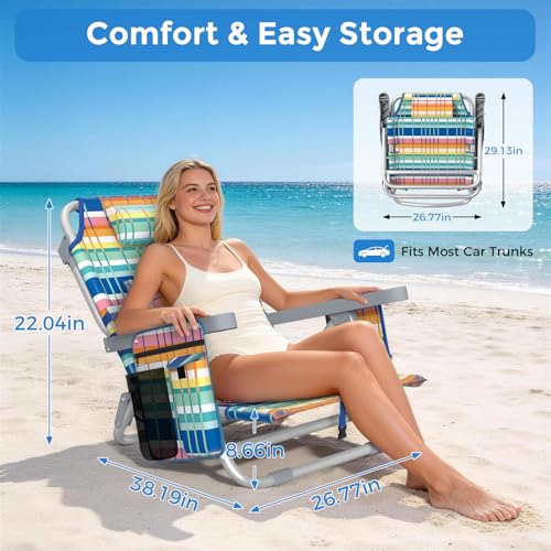 5-Position Backpack Beach Chair for Adults with Lumbar, Foldable Tall Heavy-Duty Beach Chairs with Cooler Bag,Cup Holder,T...
