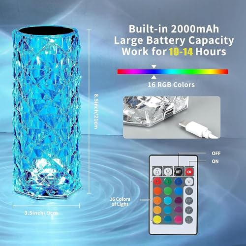 2 Pack Crystal Table Lamp, Remote and Touch Control Rose Wave Lamp, RGB Color Changing Night Light, Dimmable, USB Recharge...