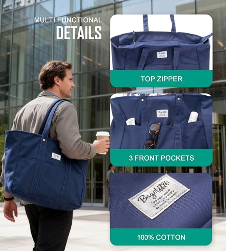 Bagelite Extra Large Canvas Tote for Women Men, Utility Work Bag with Zipper