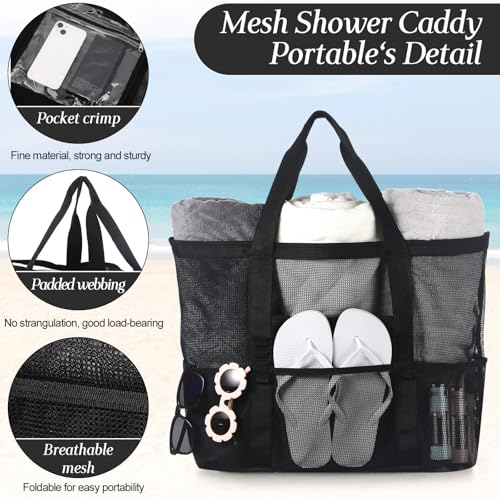 Hillban Large Beach Mesh Bags Bulk for Women Beach Tote Bag with 8 Pocket Zipper Waterproof Sandproof for Pool Cruise Ship