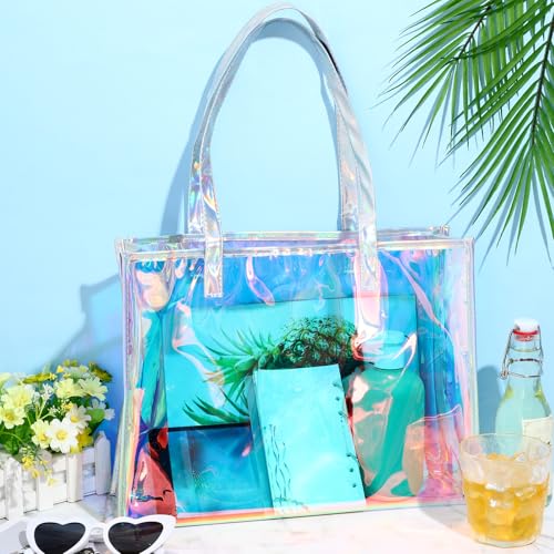 Aliceset Holographic Clear Tote Bag with Leather Handle Iridescent Bachelorette Beach Bag for Work Stadium Travel | with L...