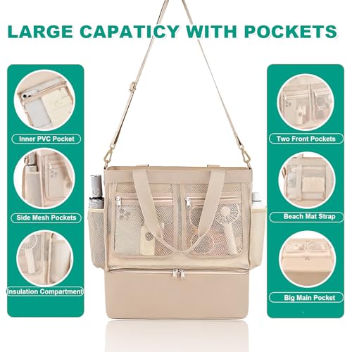Beach Bags for Women, Large Beach Tote Bag Waterproof Mesh Swim Pool Bag with Cooler for Travel Vacation Essentials