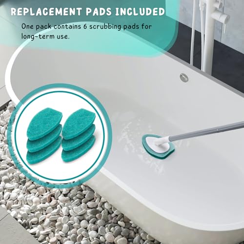 Shower Scrubber with Long Handle, 47'' Bathtub Scrub Brush, Bathroom Tub and Tile Cleaning Tool with 6 Refill Pads