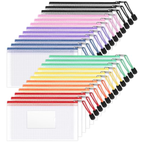 Sooez 24 Pack Mesh Zipper Pouch Bags with Label Pocket, A6 (9.1×4.7 in) Small Pencil Case Pouch for Organizing, Clear Plas...
