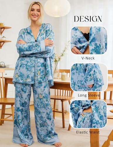 Yimoon Satin Pajama Set for Women Silk Pajamas Set 2 Piece Floral Cute Pj Set Long Sleeve Pjs Sleepwear