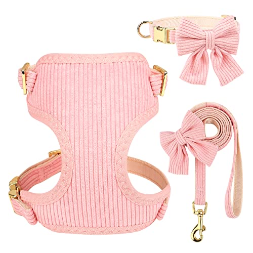 Didog Cute Small Dog Harness Collar and Leash Set with Bowtie, Breathable Soft Mesh Padded Puppy Harness, Pink Dog Harness...