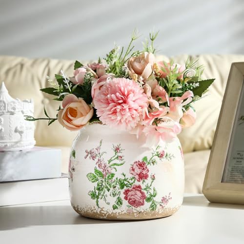 Ninehaoou Vintage Planter Large Ceramic Plants Pot Beige Pink French Rose Ice Crack Cottage Scroll Vase Flower Vase Pot In...