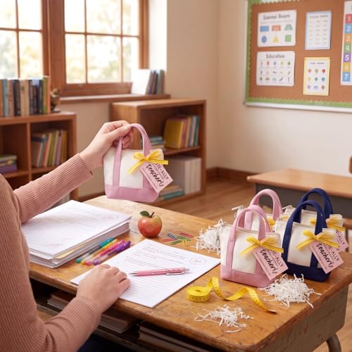 Sunnymove 6 Sets Mini Tote Bag Keychain for Teacher Appreciation Mini Canvas Bag Keychain with Tag Ribbon Raffia Thank You...