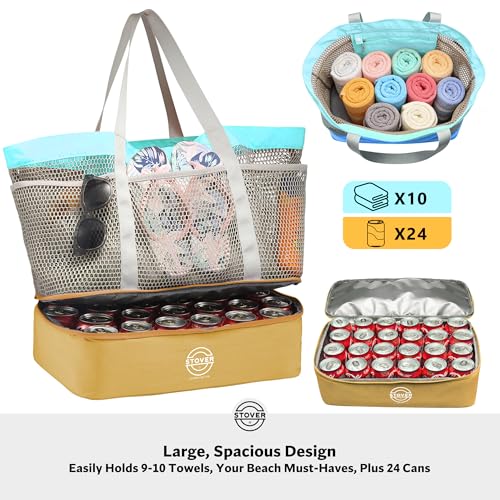 STOVER Extra Large Mesh Beach Bag, Vacation, Pool, Shopping & Travel Tote - Foldable w/Storage Pouch & Pockets for Women, Men