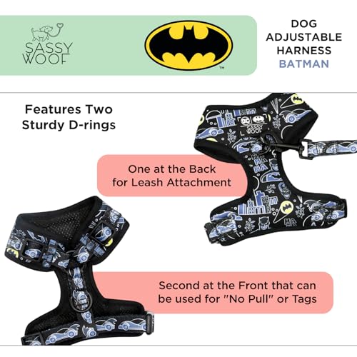 Sassy Woof Dog Adjustable Harness - Batman™ - M, Breathable Mesh, No Pull Design with Two D-Rings, Patented Design, Perfec...