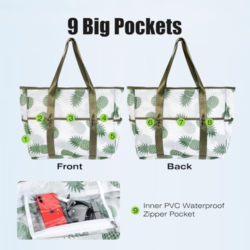 KUAK Mesh Beach Bag, Large Beach Tote with Top Zipper, 9 Pockets, Inner Waterproof Pocket for Family Pool Vacation Essentials