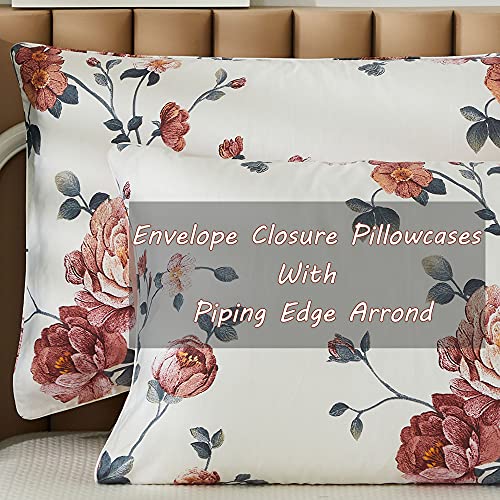 FADFAY Sheets Set Twin Shabby Beige Floral Bedding Elegant Peony Sheets Set Vintage Flower Bedding Collections Soft 100% E...