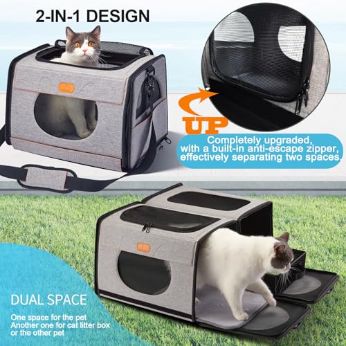 IC ICREATE.X Large Cat Carrier with Litter Box for Car Travel, Pet Carrier Bag 2-in-1，Double Cat Travel Transport Carrier ...