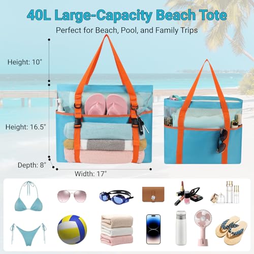 KOKKOYA 40L Large Black Mesh Beach Bag Tote with Zipper Towel Holder Sandproof Waterproof, 17" L x 8" D x 16.5" H