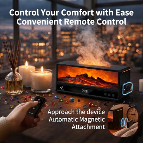 Fireplace Flame Humidifier, 250ml Cool Mist Diffuser with Remote Control, 7-Color LED Night Light, Quiet Aromatherapy Humi...