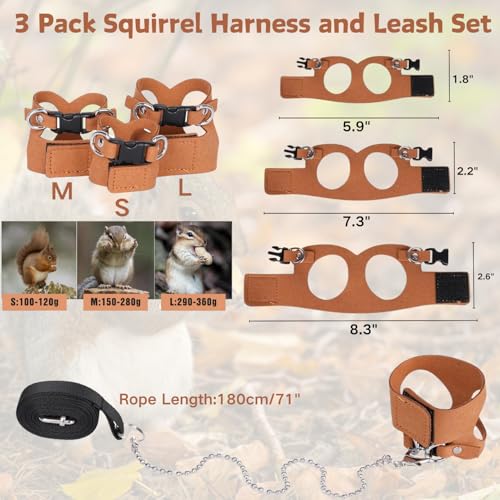 3 Pack Squirrel Harness and Leash Set - Adjustable Soft Leather & Traction Rope Strap Anti-Biting Chainfor Small Pet Walk ...