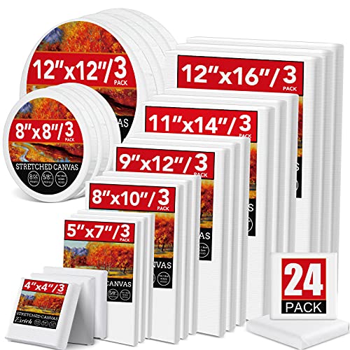 24 Pack Canvases for Painting with 4"x4", 5"x7", 8"x10", 9"x12", 11"x14", 12"x16", Round Canvas with 12"x12", 8"x8", Paint...