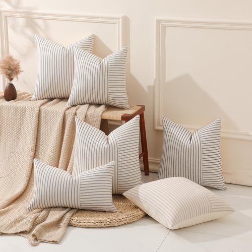 Hckot Farmhouse Pillow Covers 12x20, Lumbar Throw Pillow Covers Set of 2, Black Striped Patchwork Linen Decorative Pillows...