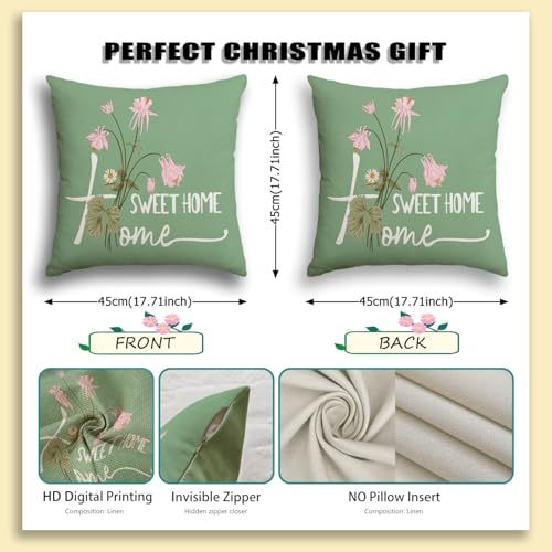 Miuyunya Spring Decorative Throw Pillow Covers Set of 4 Sage Green Couch Pillows Square Linen Wild Flower Plant Cushion Co...