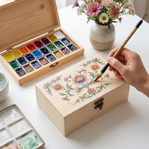 WSICSE Unpainted Wood Box with Hinged Lid - 7.1"x5.1"x2.8" for Crafts DIY Storage Jewelry & Gift Box and Hobby Organization