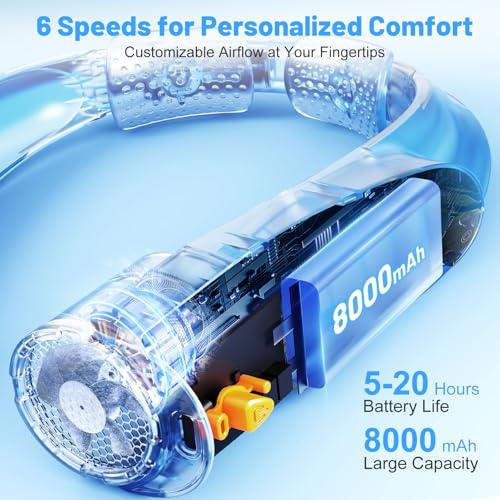 Portable Neck Fan with 6 Powerful Speeds, 8000mAh Battery Operated USB-C Rechargeable Fan, 20H Runtime, Hands-Free 360° Co...