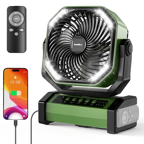 AddAcc 20000mAh Rechargeable Camping Fan - Battery Operated Fan with Light & Remote, Auto Oscillating, 4 Timer, 60 Hrs Wor...