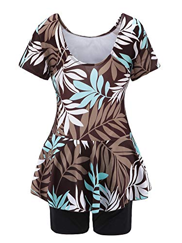 Knaspor Women's One Piece Swim Dress Modest Swimsuit Floral Leaf Print Short Sleeve Swimwear