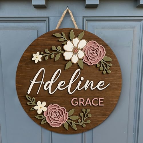 Floral Name Sign for Nursery Decor for Girls – Personalized Wooden Name Signs for Nursery with Flowers, Baby Girl's Custom...