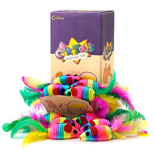 CHIWAVA 24PCS 5" Rattle Cat Toys Mice with Feathers Rainbow Rope Mouse Kitten Interactive Toy Assorted Color