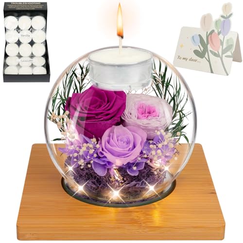 ENERLEAF Preserved Purple Real Rose in Glass with Scented Candles – Forever Flower Romantic Anniversary Christmas Birthday...