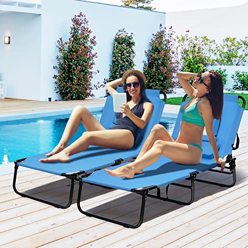 Gotoplay Folding Beach Lounge Chair w/ 5 Adjutable Backrest & Padded Pillow, Sunbathing Lounger Chair, Sun Tanning Lay Fla...