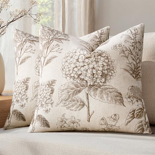 SWANCOCO Set of 2 Decorative Floral Neutral Pillow Covers 18x18 Inch Light Brown Hydrangea Print Spring Farmhouse Boho Vin...