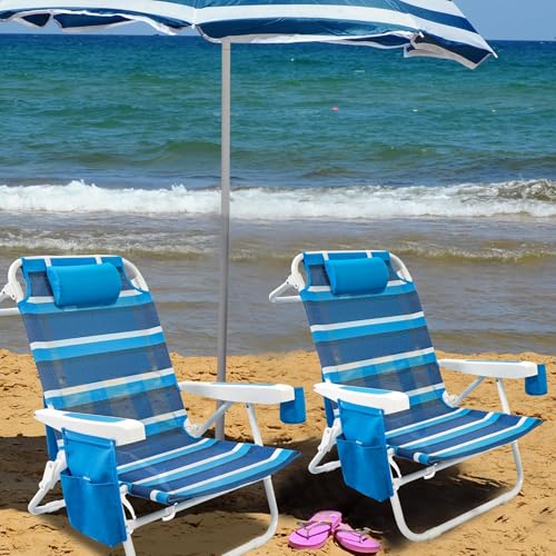 WTVIDAS Beach Chair 2 Pack, 5 Positions Textilene Folding Reclining Beach Chair with Backpack Straps, Cooler Bag & Cup Hol...