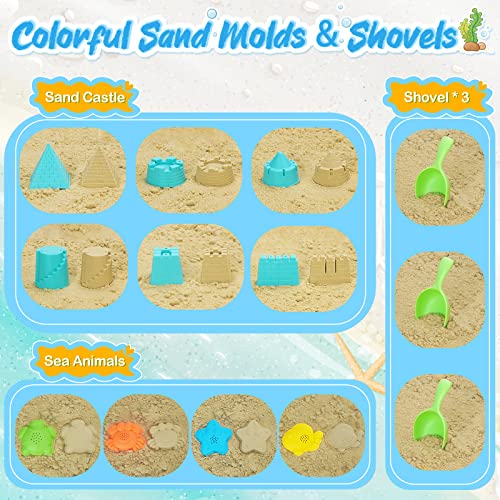 RACPNEL Collapsible Beach Toys for Kids, 3 Pack Foldable Sand Buckets and Shovels Set with Mesh Bag, Silicone Pails for Be...