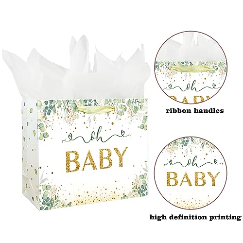 13" Large Baby Boy Girl Gift Bag for Baby Shower or Birthday with Handle, Tissue Paper and Greeting Card (13" Green)