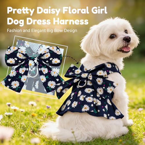 BAEJMJK Dog Dress Bowknot Harness Leash Set for Small Dogs Cats Daisy Floral Girl Dog Dresses Cute Puppy Princess Clothes ...
