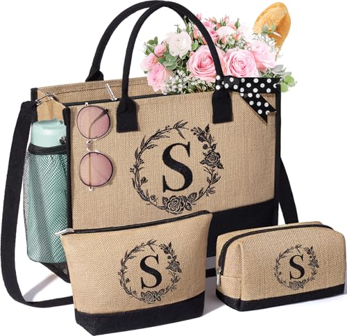 Personalized Gifts for Women Tote Bag, Initial Jute Tote Bag & Makeup Bags Monogrammed Beach Bag w/ Zipper, Mothers Day Bi...