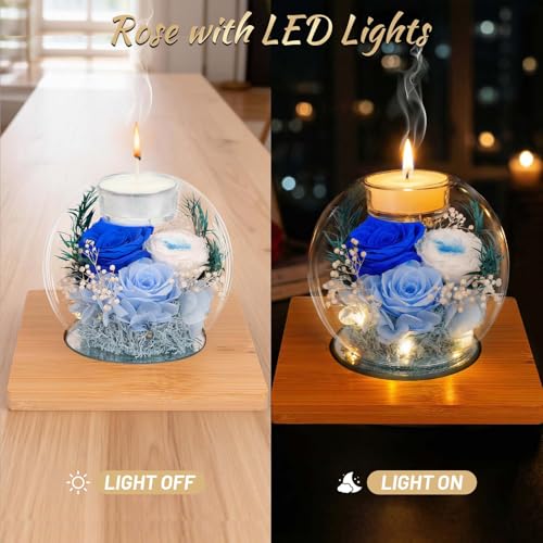 Preserved Blue Real Rose in Glass with Scented Candles – Forever Flower Romantic Anniversary Christmas Birthday Valentines...
