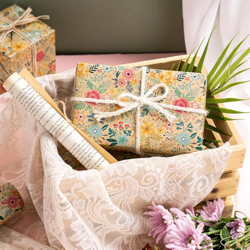 WRAPAHOLIC Kraft Floral Wrapping Paper Roll - Mini Roll - 17 Inch x 9.8 Feet - Spring Summer Garden Flower Design Perfect ...