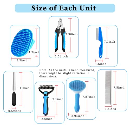 7PCS Dog Grooming Brush Kit for Shedding and Matted Fur, Self-Cleaning Slicker Brush with Undercoat Rake, Flea Comb for Lo...