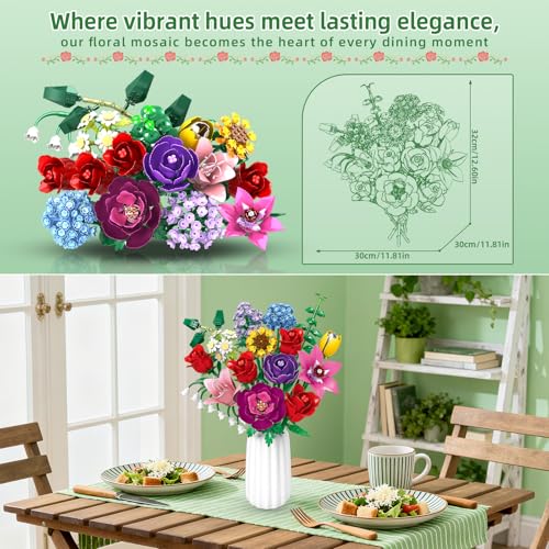 kiothdre Flower Bouquet Set for Adults, Botanical Collection Building Block Toy with Roses Sunflower for Teen Girls, Artif...