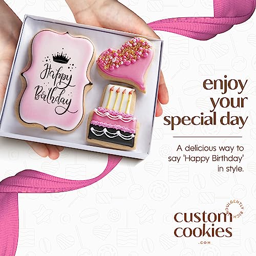 Happy Birthday Gift Basket Custom Sugar Cookies - Happy Birthday Cookies in Gift Box, Hand Decorated Kosher Treats for Wom...
