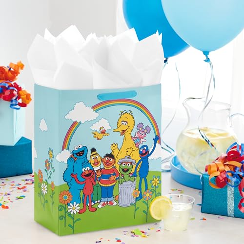 Hallmark Sesame Street 13" Large Gift Bag with Tissue Paper (Big Bird, Elmo, Grover, Cookie Monster) for Birthdays, Christ...