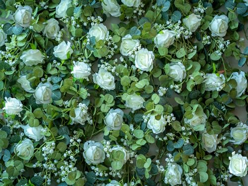 6FT Artificial Eucalyptus Garland with Flowers, 10 White Roses Baby Breath Garland Floral Greenery for Wedding Party Cente...